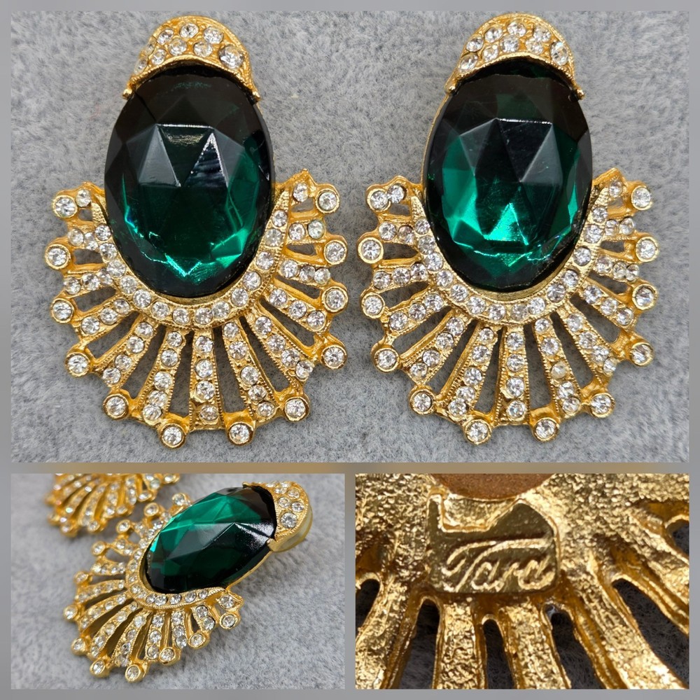 Tara Fifth Avenue Emerald Green Gold Tone Rhinestone Statement Earrings  