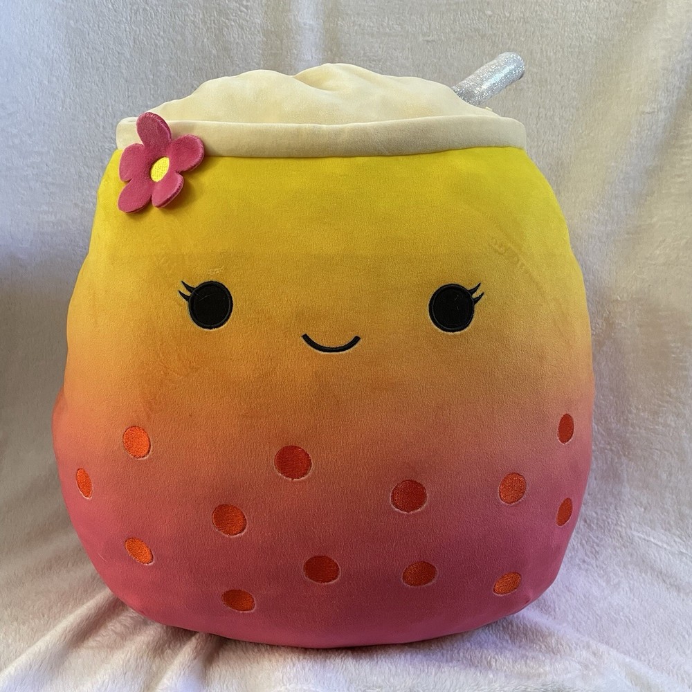 NWT Squishmallow Bergit the Boba Tea Metallic Silver Straw with Flower 16”