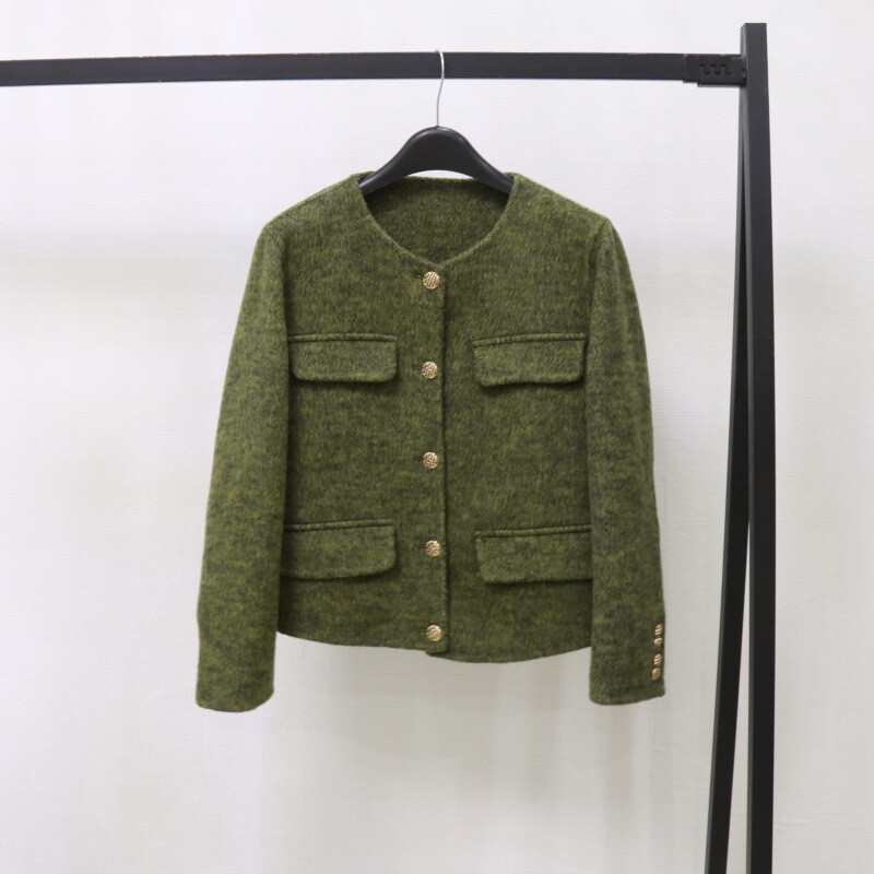 Women's Double-Sided Wool Short Coat Round Neck Single-Breasted Button Overcoat-image