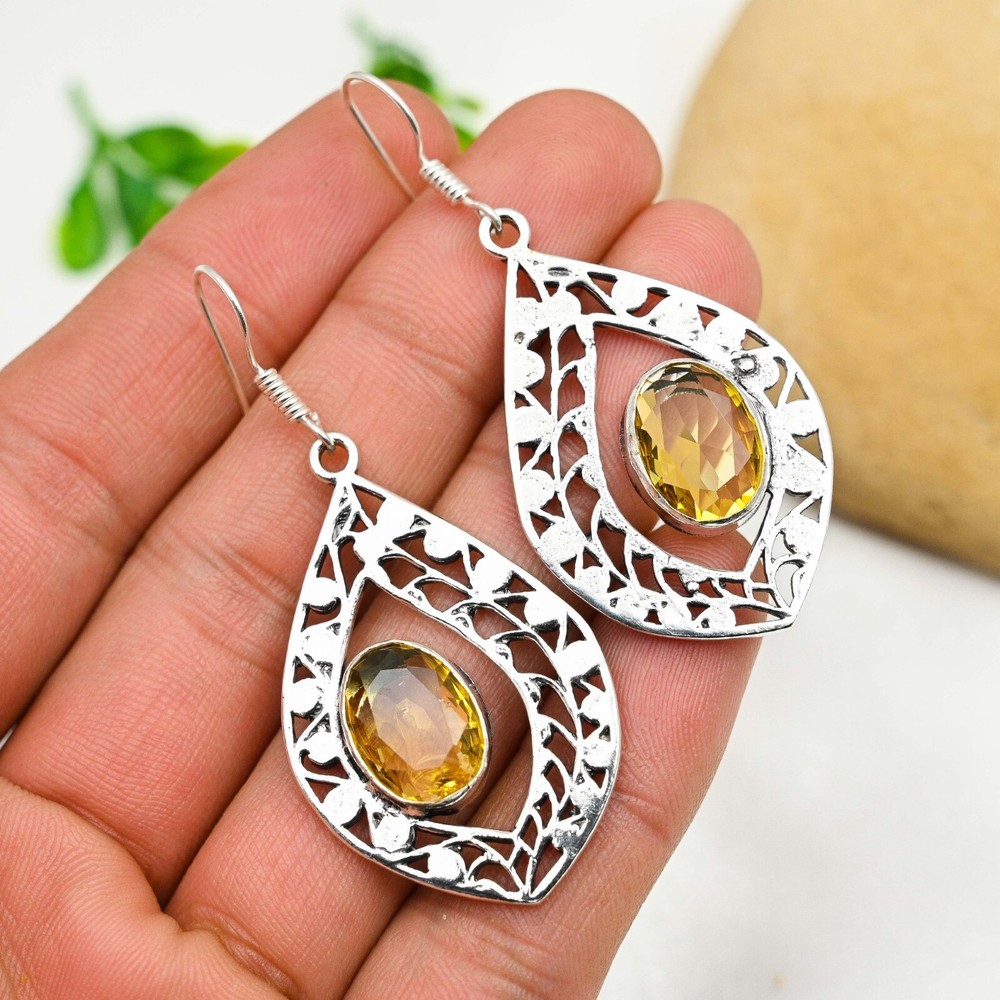 Handmade Dainty Citrine Gemstone Dangle Earrings in 925 Sterling Silver Gift