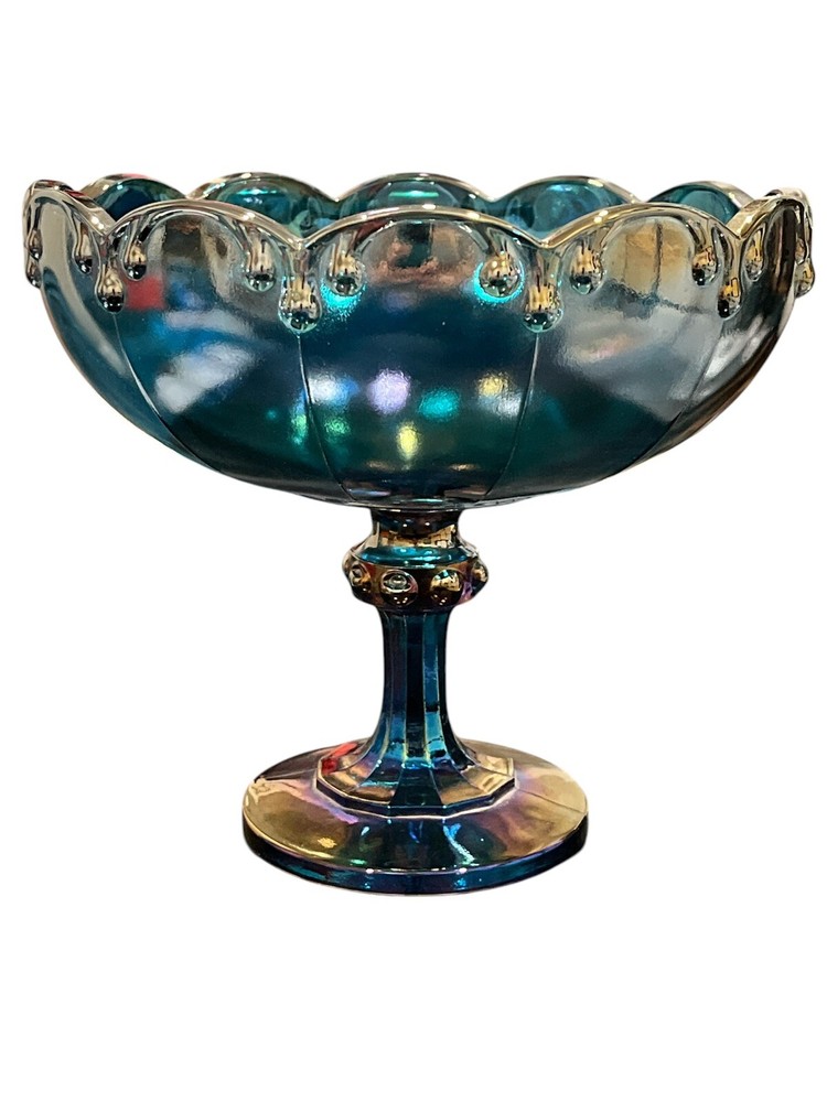 VTG Indiana Glass Garland Blue Iridescent Carnival Glass Compote Fruit Bowl