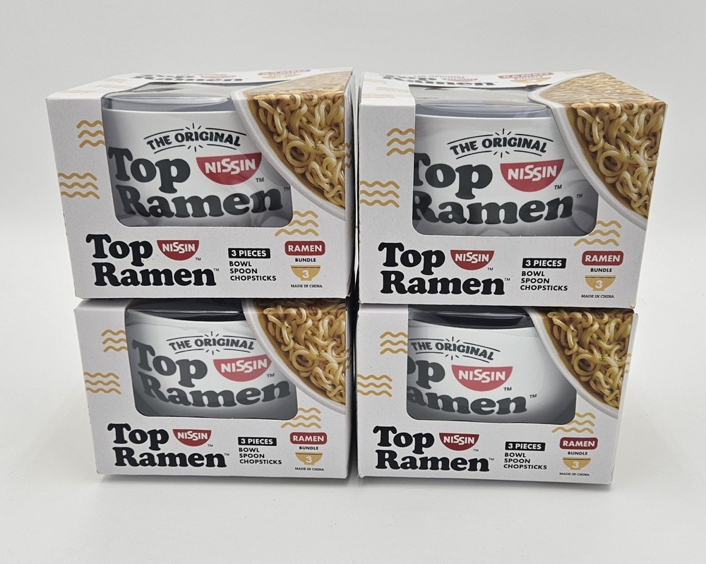 Top Ramen 3 Bowl Set Bowl, Soup Spoon, & Chopsticks 4 Piece Gift Bundle New