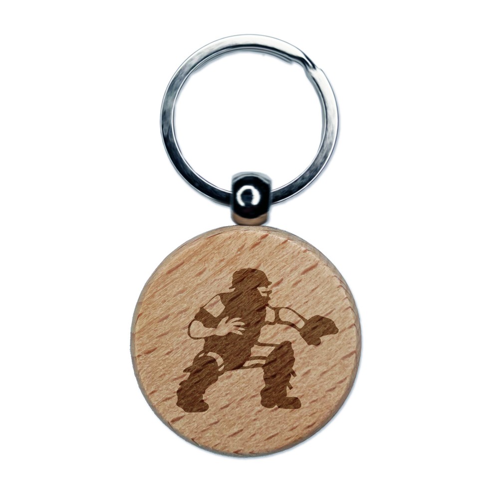 Baseball Player Catcher with Mitt Engraved Wood Round Keychain Tag Charm
