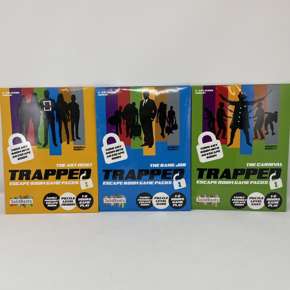 3 Solid Roots Trapped Escape Room Game Packs Bank Job, Art Heist, & The Carnival