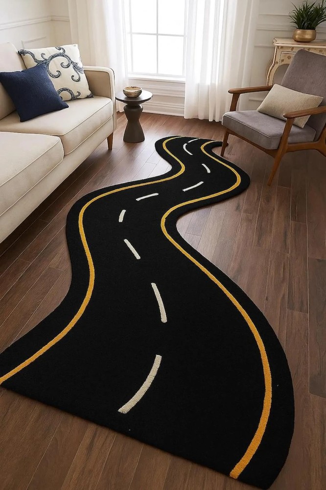 Hand Tufted Road Runner Rug, Black Novelty Street Carpet, Unique Playroom