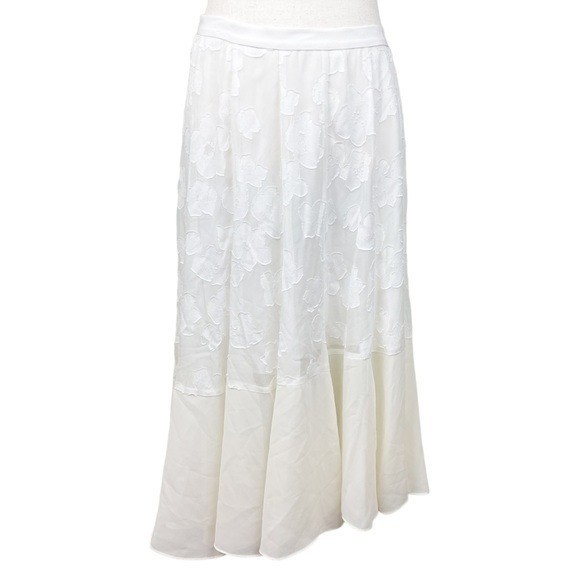 Rebecca Taylor Asymmetrical Hem Mixed Fabric Midi Skirt Size 4 Silk Floral White