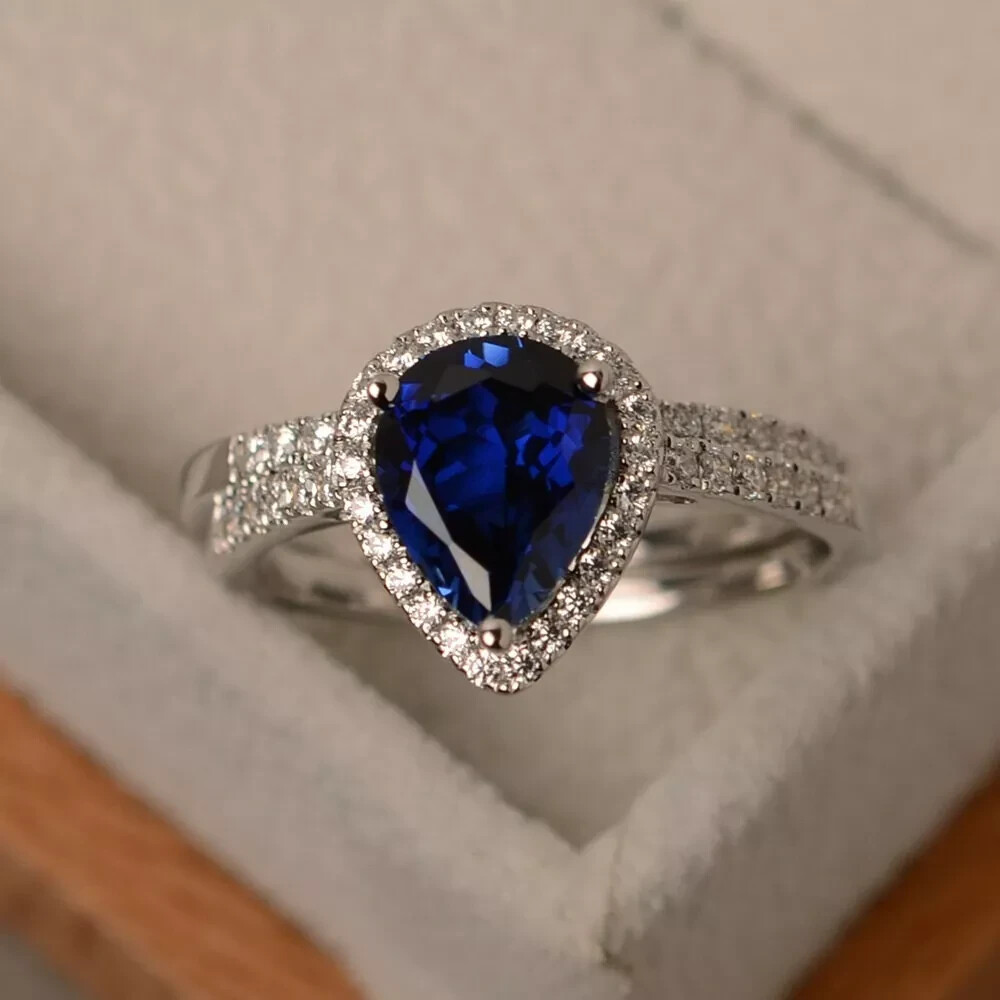 3 Ct Pear Cut Natural Sapphire & Diamond Wedding Ring Set 14K White Gold