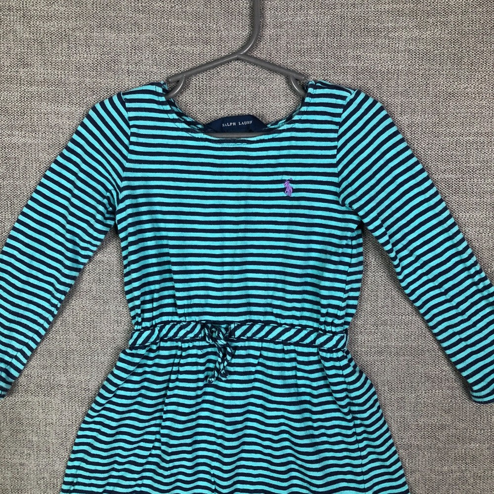 Ralph Lauren Dress Girls 4 4T Toddler Blue White Striped Knit Shirt Long Sleeve
