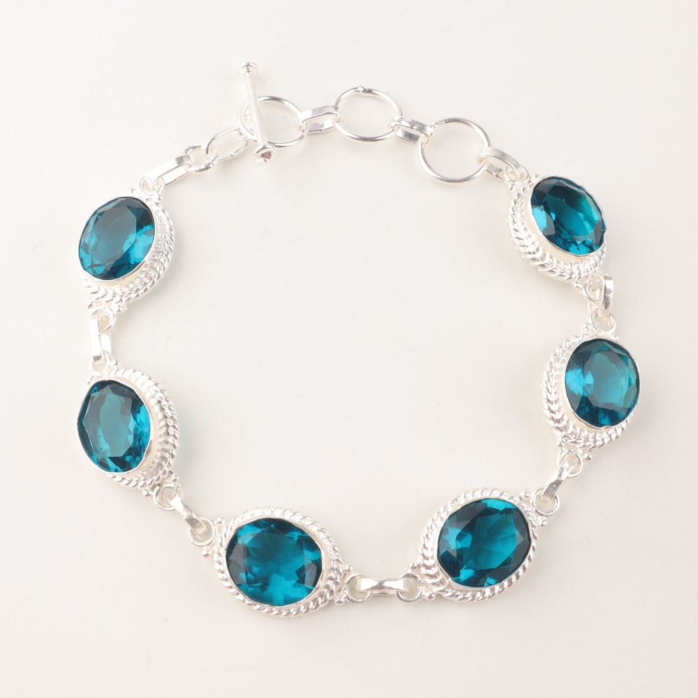 Birthday Gift For Her Natural Apatite Gemstone Chain Bracelet 925 Silver