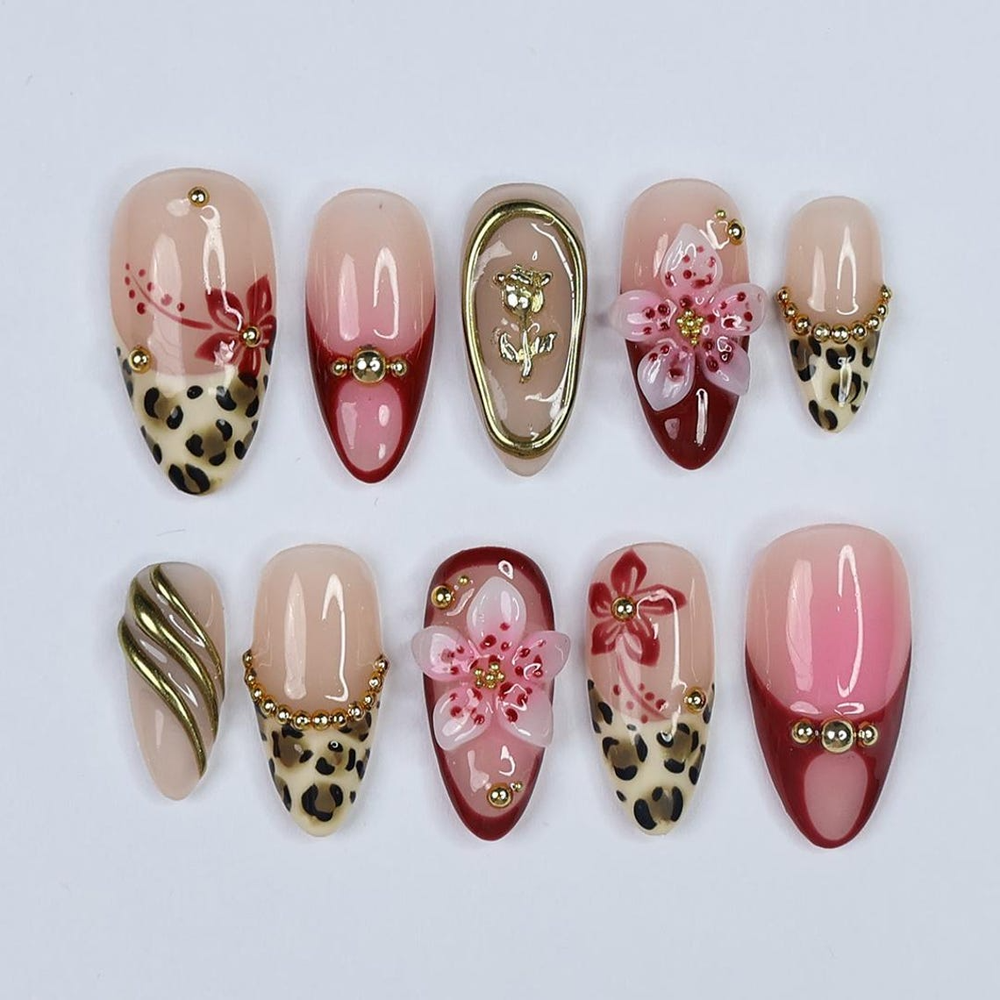 Handmade Vacation Press On Nails Leopard Print and 3D Flowers Tropical Summer