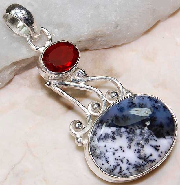 Natural Winter Dendrite Opal & Garnet 925 Solid Sterling Silver Pendant @B15-4
