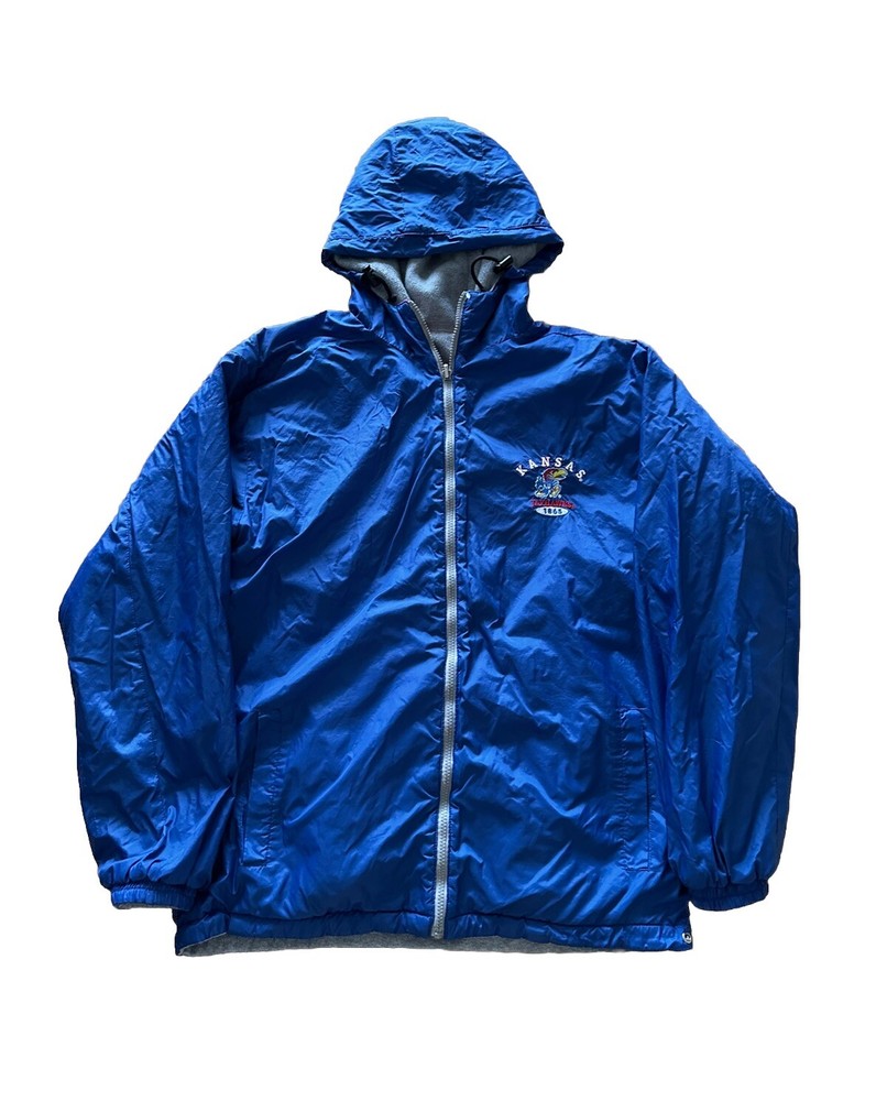 Vintage NCAA Kansas Jayhawks Puffer Jacket Active Blue Gray Full Zip Coat Large