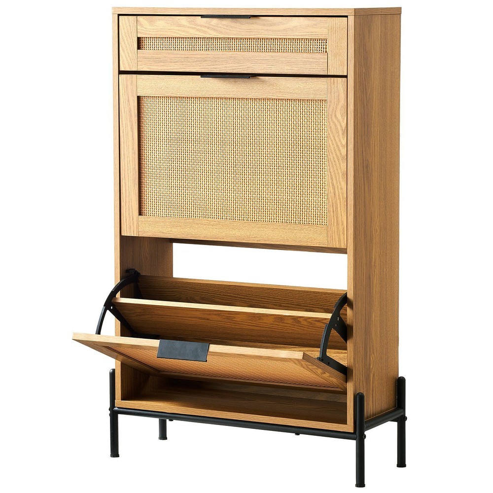 Rattan Shoe Cabinet with 2 Flip Drawers - Narrow Storage Organizer