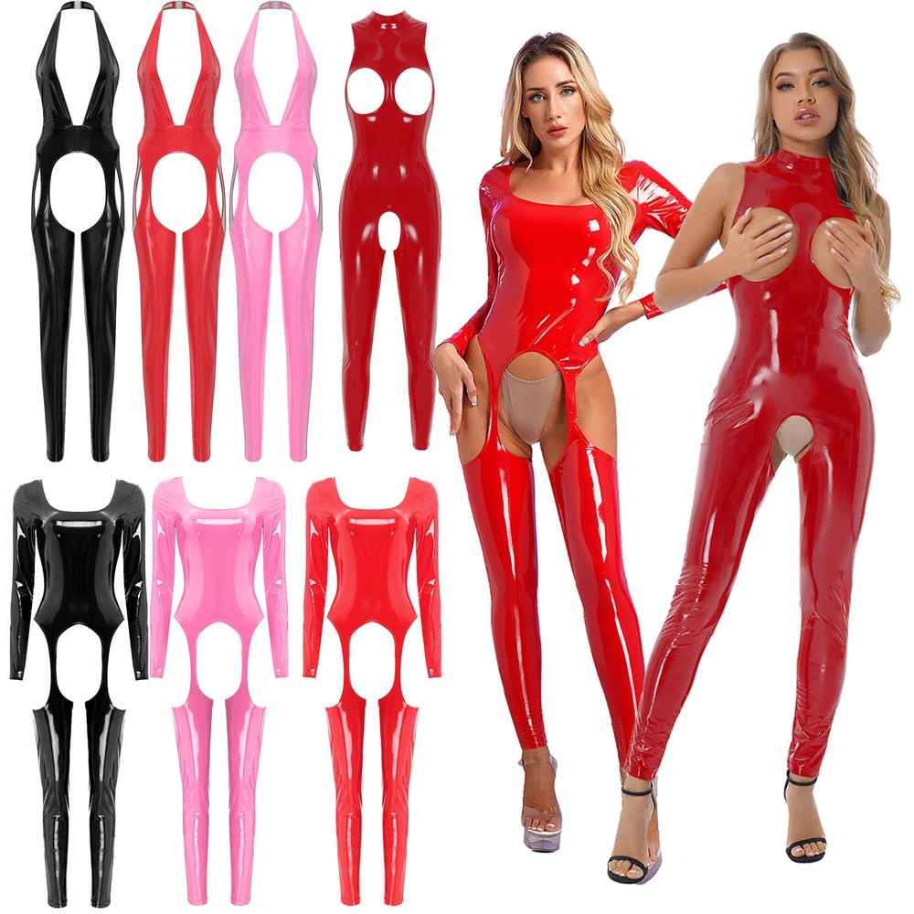 US Women Sexy Hollow Out Catsuit PVC Full Bodysuit Leotard Clubwear Jumpsuit