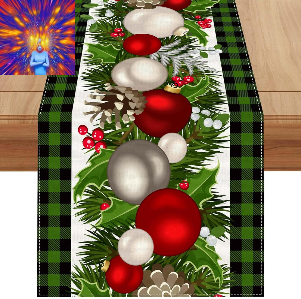 Linen Green and Black Buffalo Check Christmas Table Runner 72 Inches Long Season