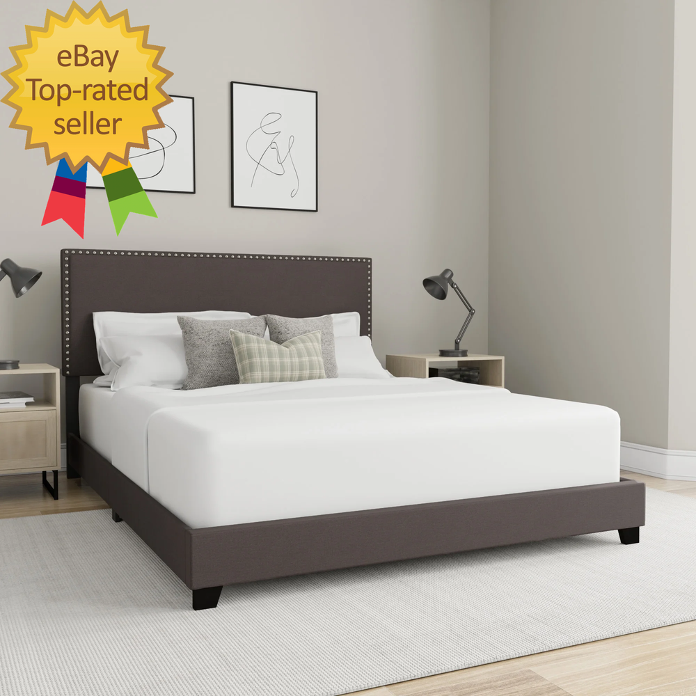 Charcoal Fabric Willow Upholstered Queen Bed with Nailhead Trim  