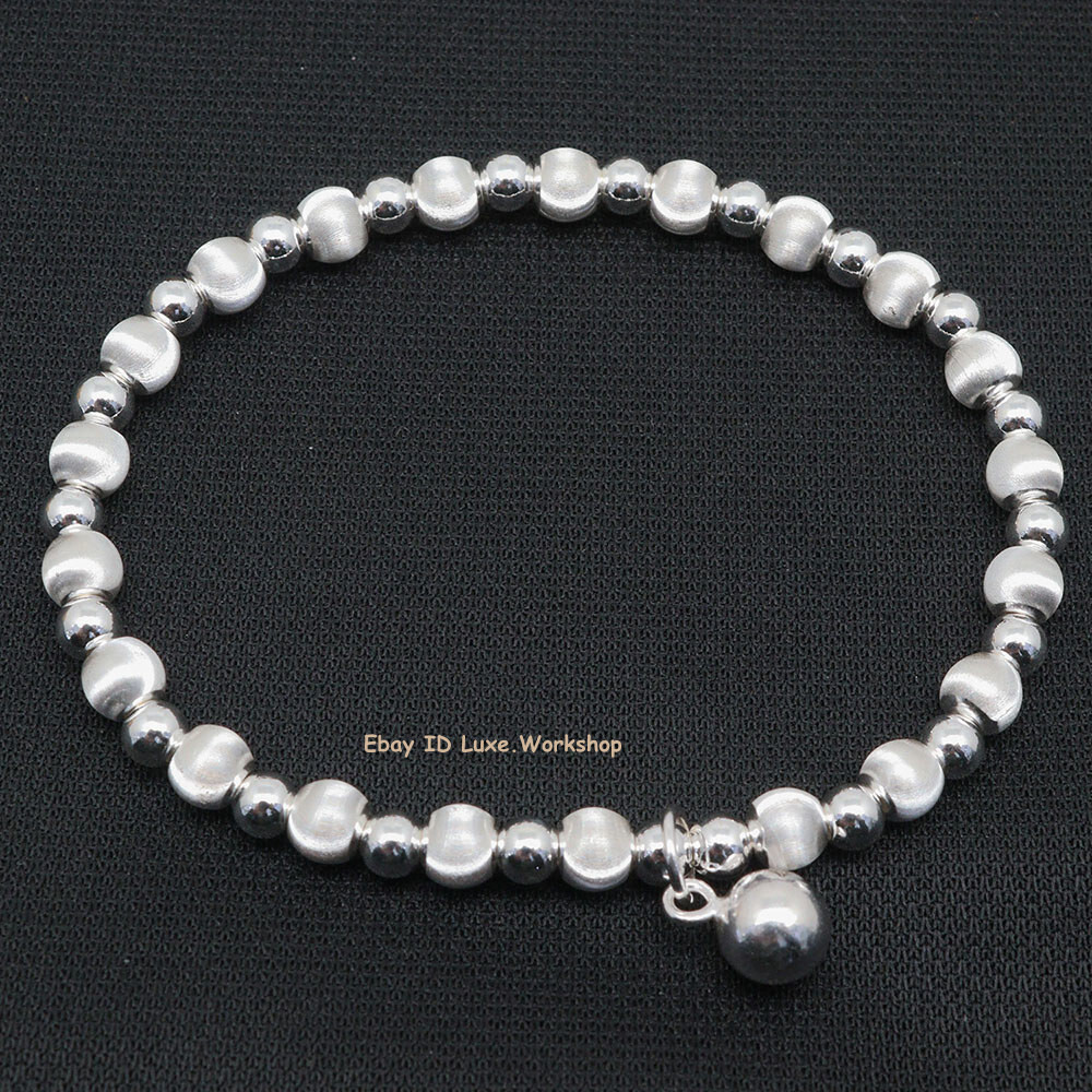 999 Pure Silver Polished Ball Charm Bracelet for Women - 4-5mm Beaded Link, 7 Inch