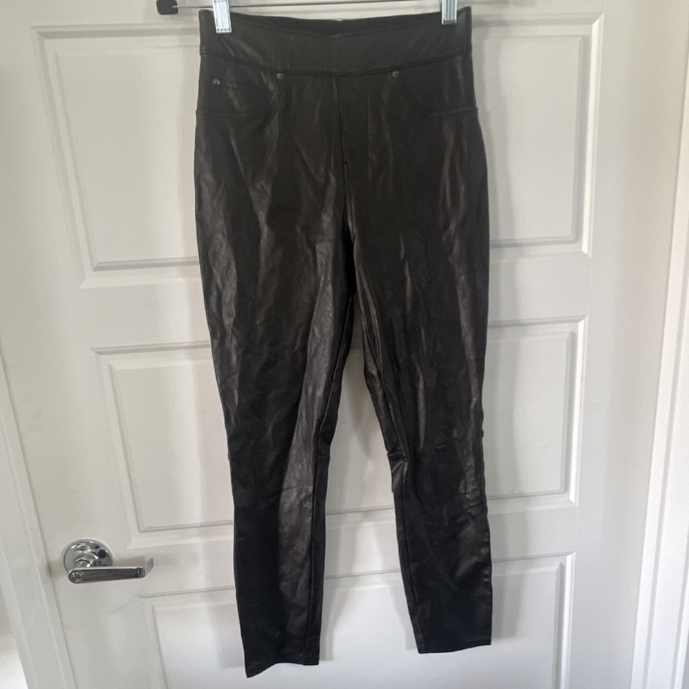 Spanx Petite XS Petite Black Faux Leather Ankle Leggings Stretch High Rise Solid
