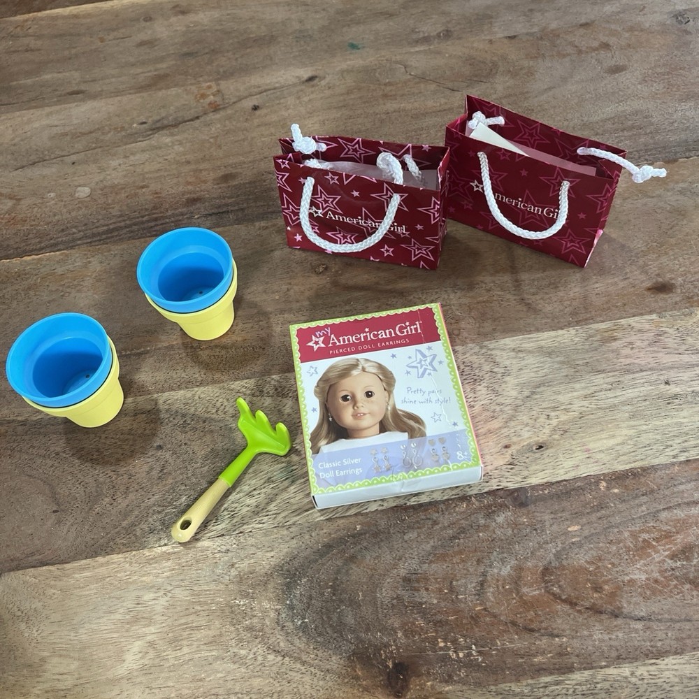 American Girl Silver Pierced Earrings with 4 Planters 1 Rake 2 Bags