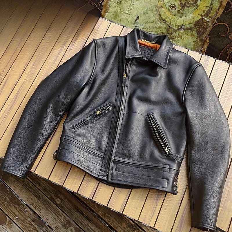 Men Cowhide Cow Leather Retro Motorcycle Biker Racer Zipper Jacket Vintage Style