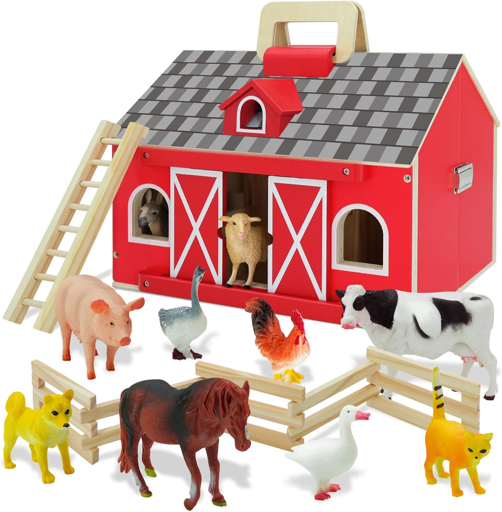 Farm Animal Playset with Wooden Barn 10-Piece Toy for Ages 3+