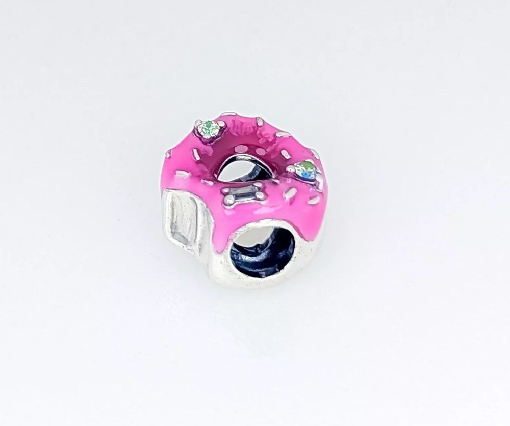Authentic PANDORA 925 Sterling Silver Pink Donut Charm 792596C01 Sparkling Sprinkle Detail