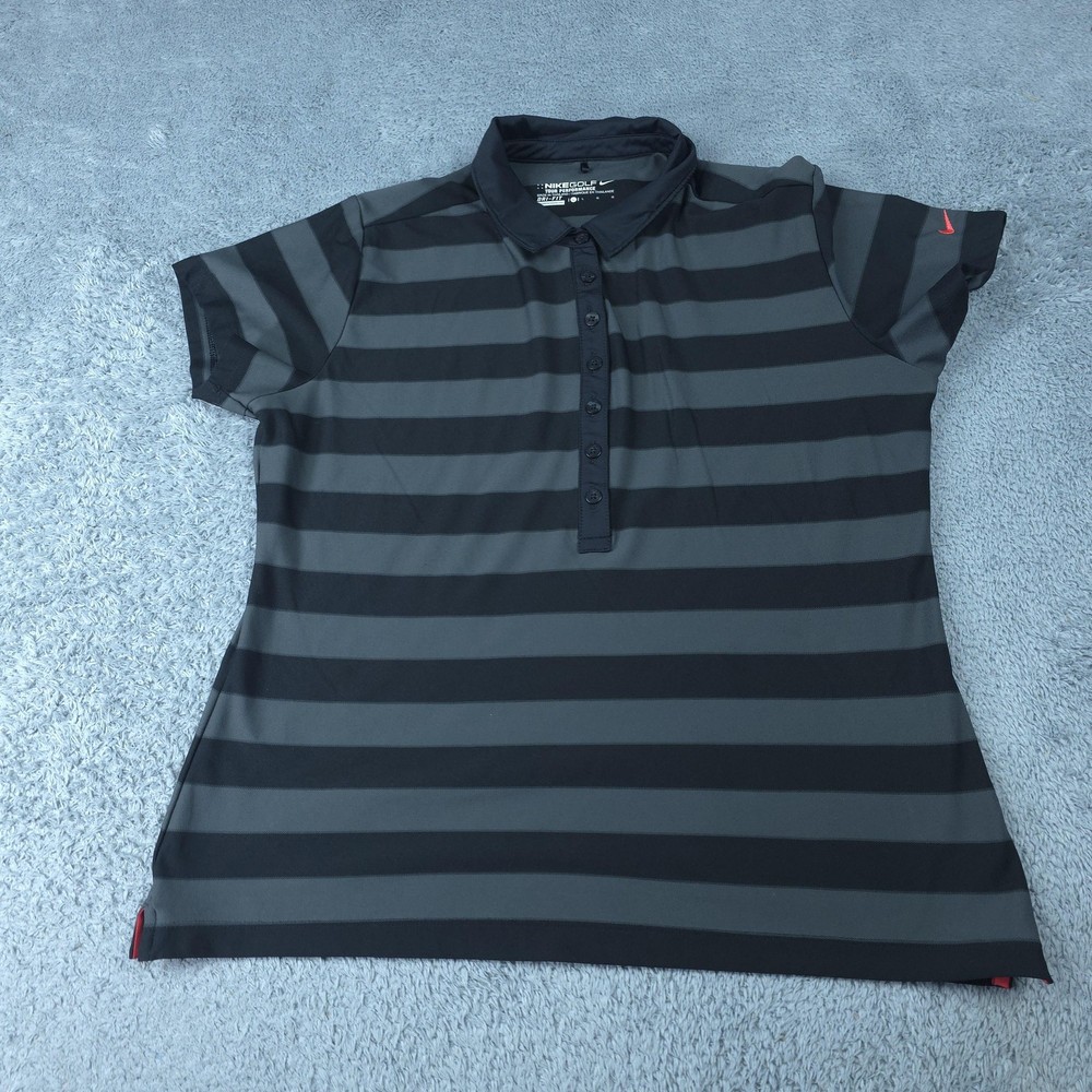 Nike Golf Polo Shirt Womens Large Black Gray Stripe Dri-FIT Tour Performance