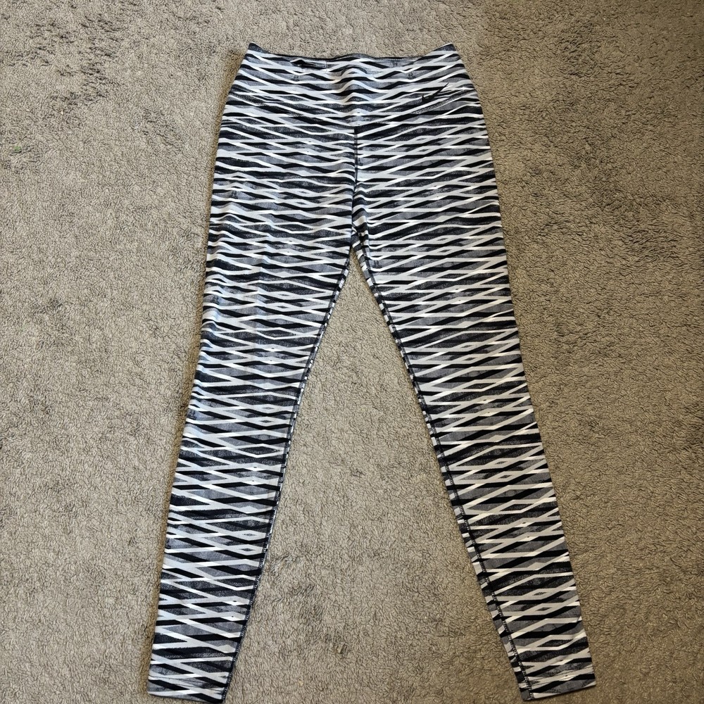 Nike Womens DRI-FIT Striped Leggings in Black White Gray - Size Large