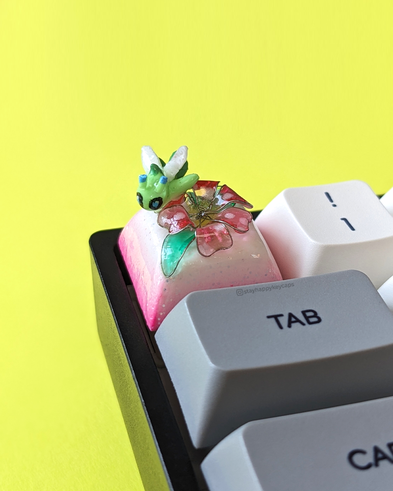 Handmade Celebi Pokemon Keycap with Wire Resin Flower and Polymer Clay Art for Custom Keyboards