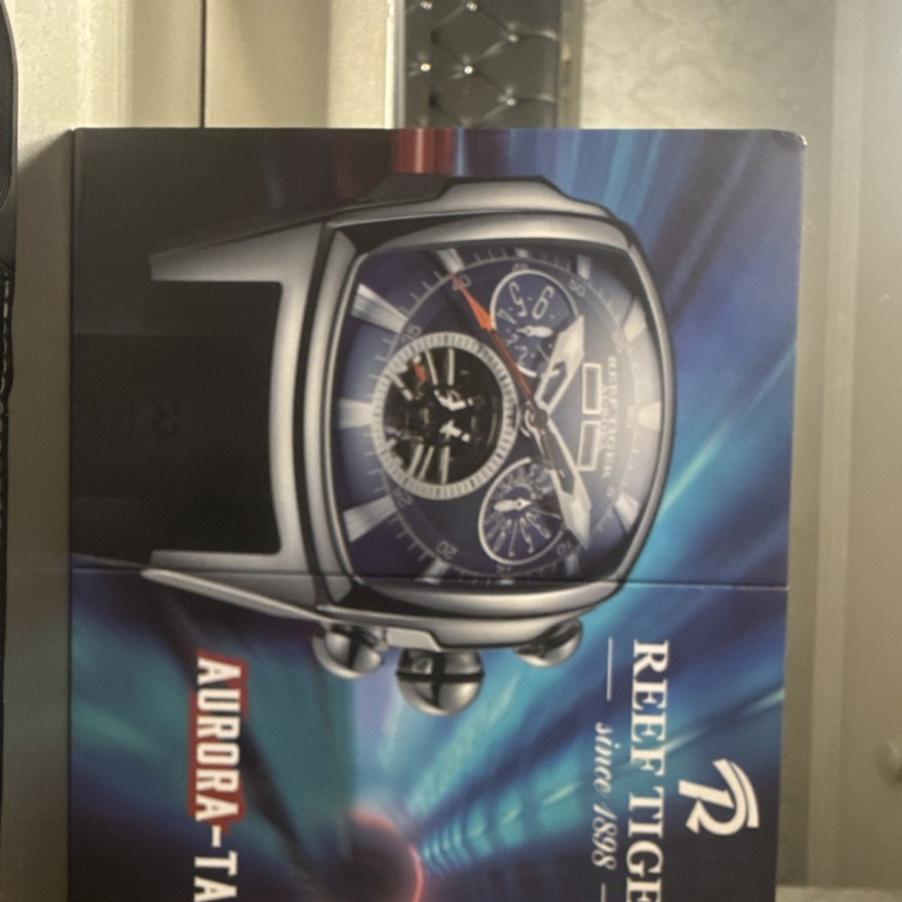 Reef Tiger Aurora Tank Chronograph Blue Dial Black Rubber Band Gold Sport Watch