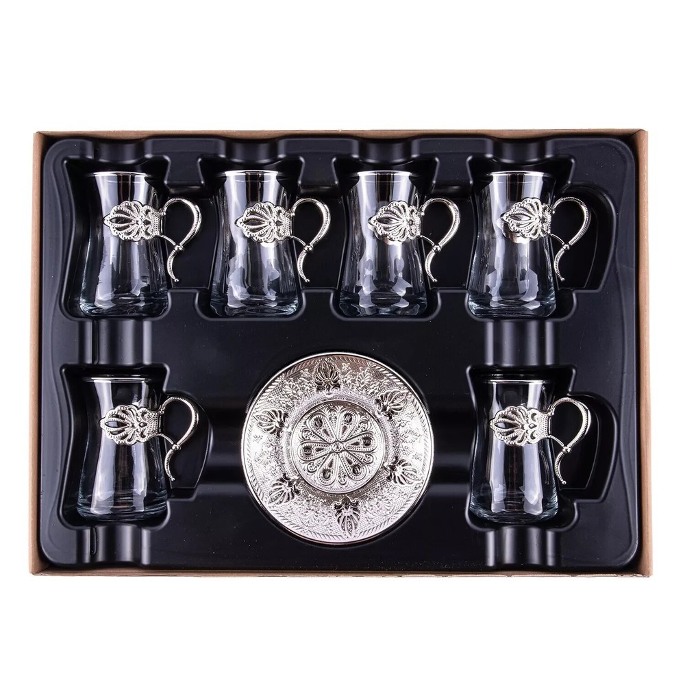 Irem Tea Set of 6 Glass Silver Turkish Teacups Saucer Zamzam Cup Armudu +6 Spoon