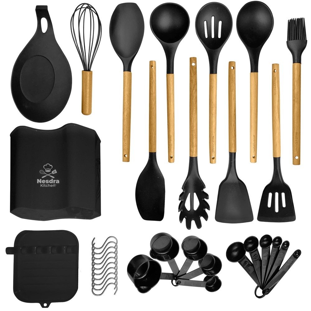 33-Piece Black Silicone Cooking Utensils Set with Wooden Handles – Food-Grade...