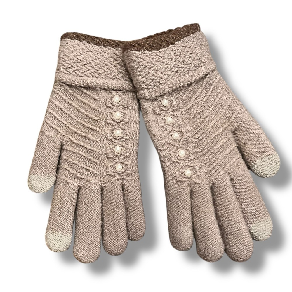 Rose Mauve Taupe Womens Stretchy One Size Gloves Touchscreen Pearl Buttons A-7