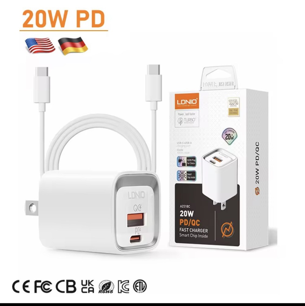 20W Fast Charger with USB-C and USB-A Dual Ports