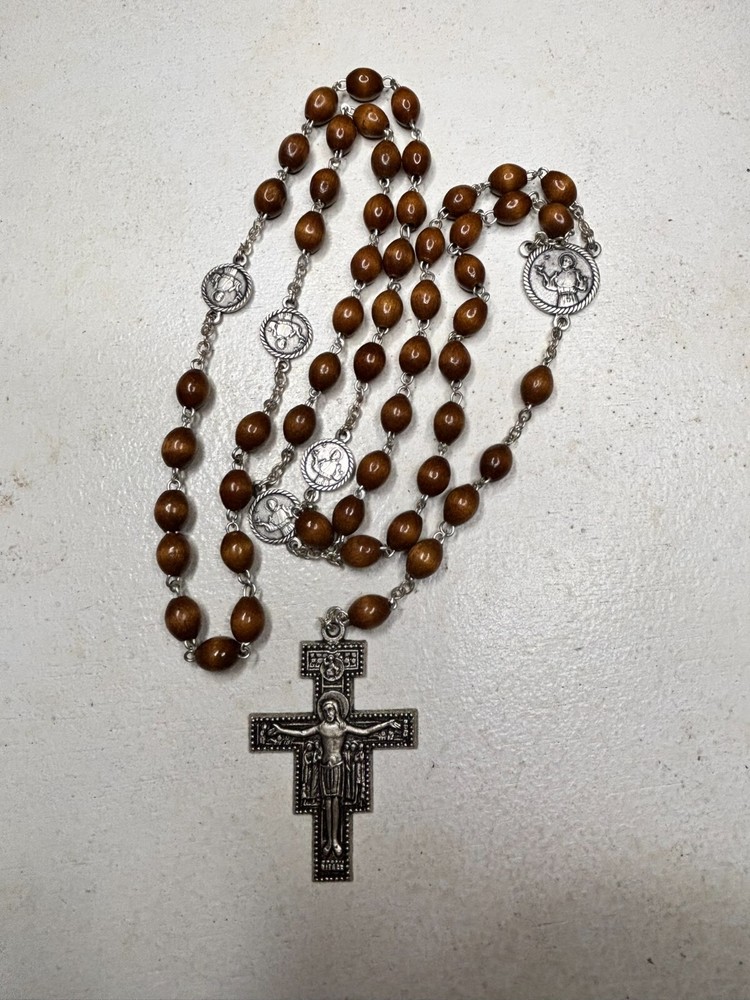 Vintage Wooden Rosary with 1/4 Beads 24 Inch St Francis Prayer Italy Cross