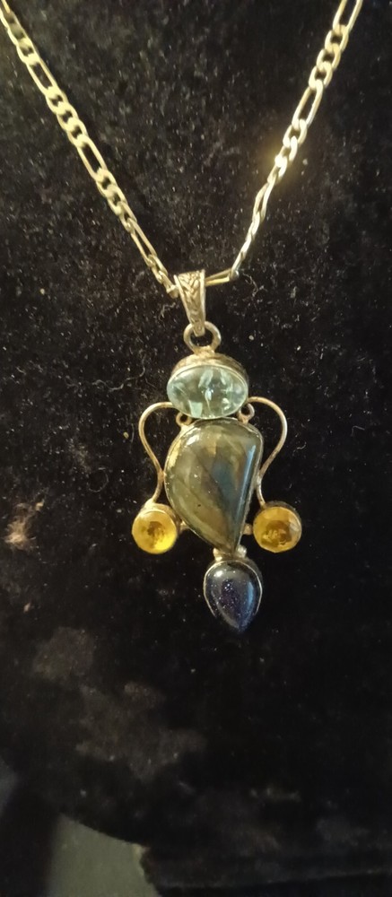 Sterling Silver 20 Inch  Aquamarine Rainbow Agate ,Citrine, Moon Stone Necklace.