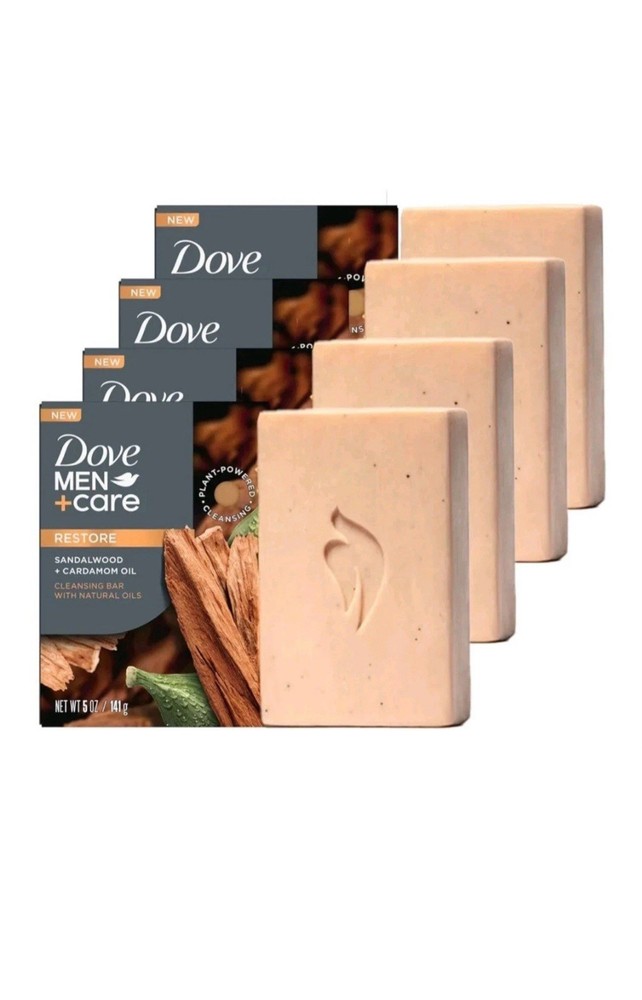 4 Bars DOVE Men + Care SOAP Restore Sandalwood Cardamon Oil Cleansing Bar Soaps