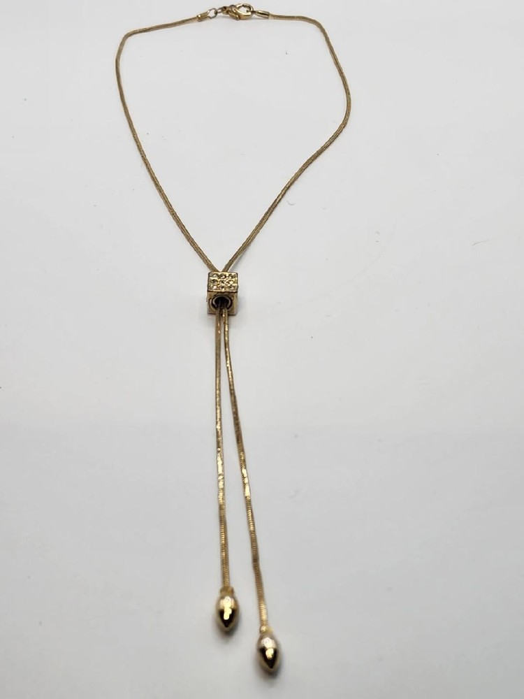 Gold Tone Lariat Necklace. Features Sq Slider Pendant Pave Set Cz.