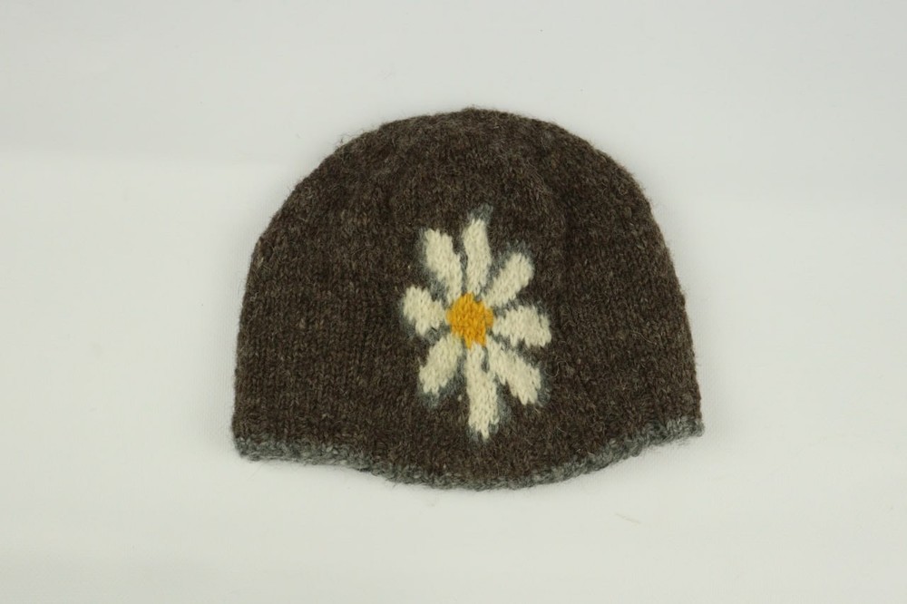 Pachamama Brown Wool Hand Knitted Daisy Flower Pattern Beanie Knit Winter Hat