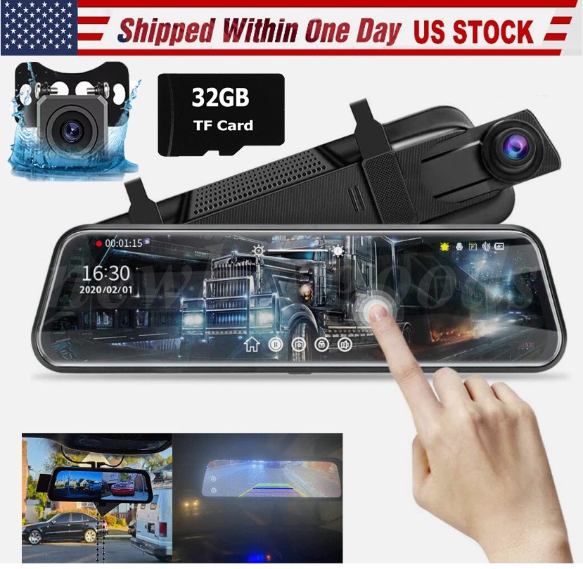 10-inch 4K Dual Dash Cam with Rear Mirror View, Night Vision, and GPS