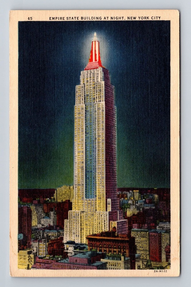 Antique Vintage Postcard of New York City Empire State Building Illuminated at Night