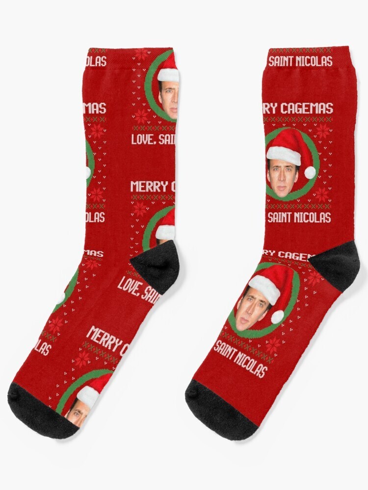 Merry Cagemas Socks Sublimated Crew Socks, Saint Nicolas Unisex Socks, Nic Cage