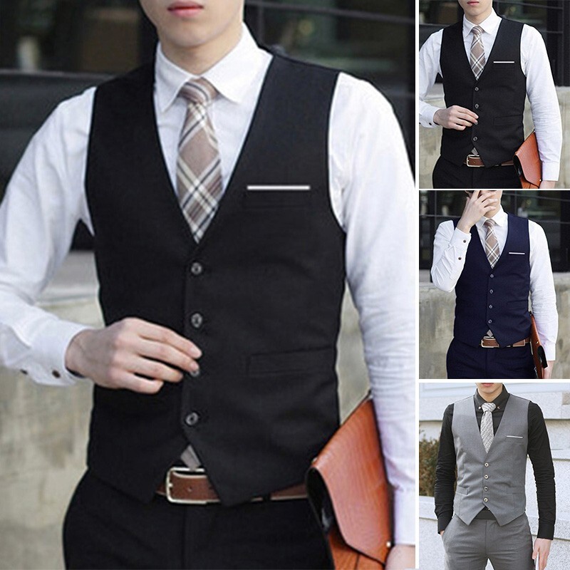 Mens-Waistcoat Formal Business Suit Vest Slim Fit Office Retro Casual Coat Tops