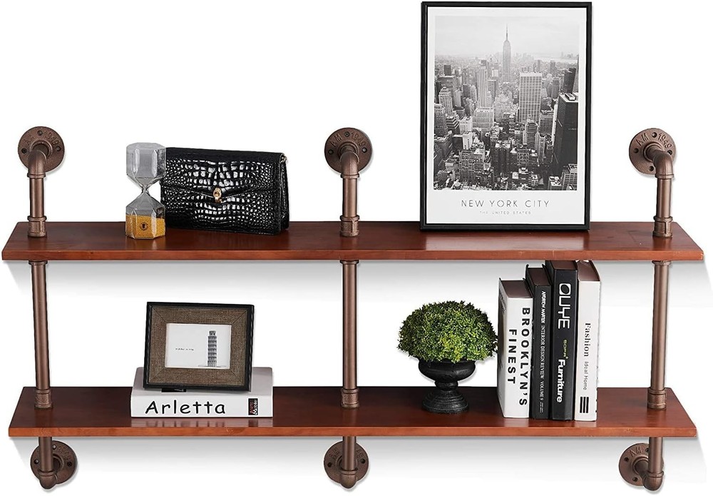 2-Tier Pipe Shelves Industrial Rustic Wall Mount Shelf with Solid Wood Metal