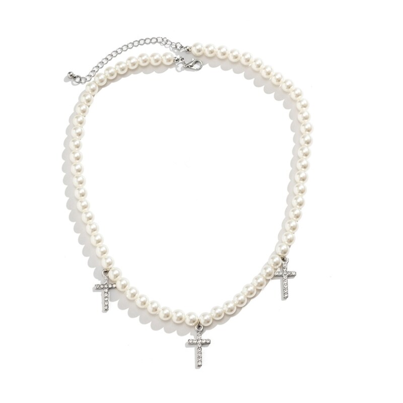 Simple Hiphop Cross Necklace Clavicle Chain Choker Pearl Neck Chain Y2K Jewelry