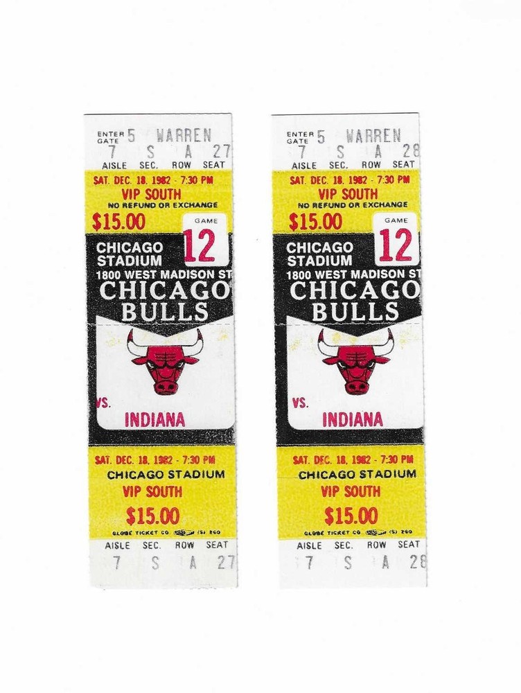 Chicago Bulls vs Indiana Pacers Unused Basketball Tickets From 12/18/1982