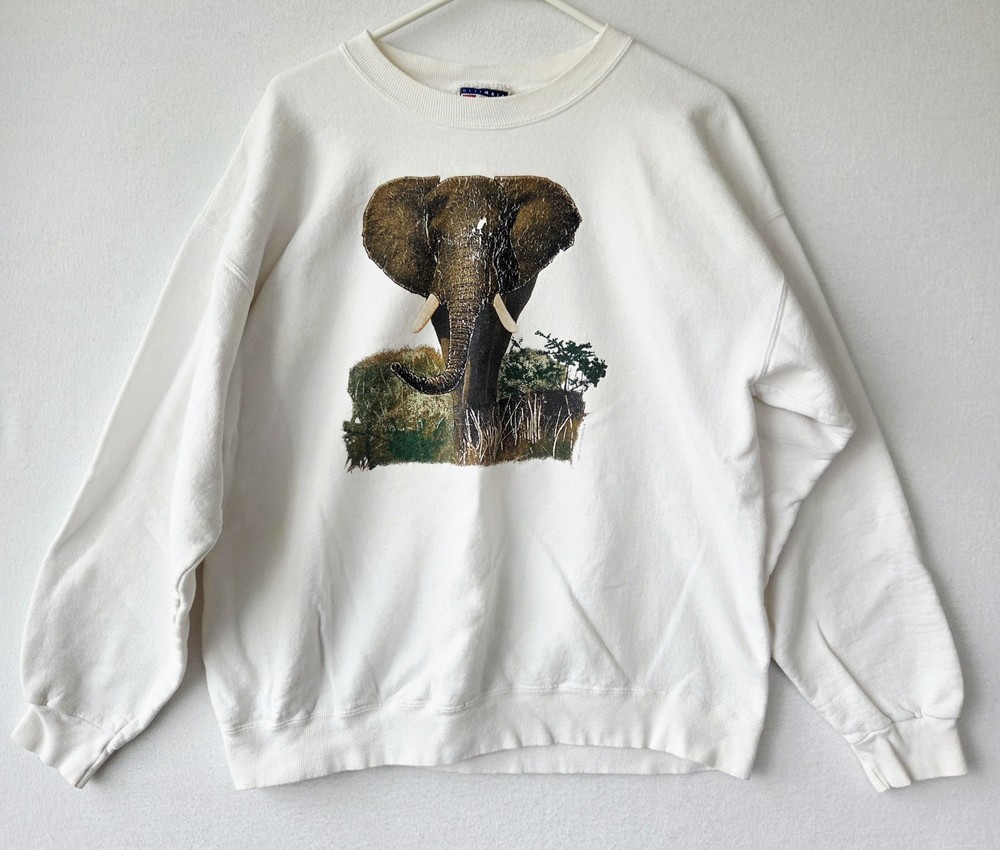 VTG 90s Graphic Sweatshirt Mens XL Elephant Animal Africa White Crew Neck USA