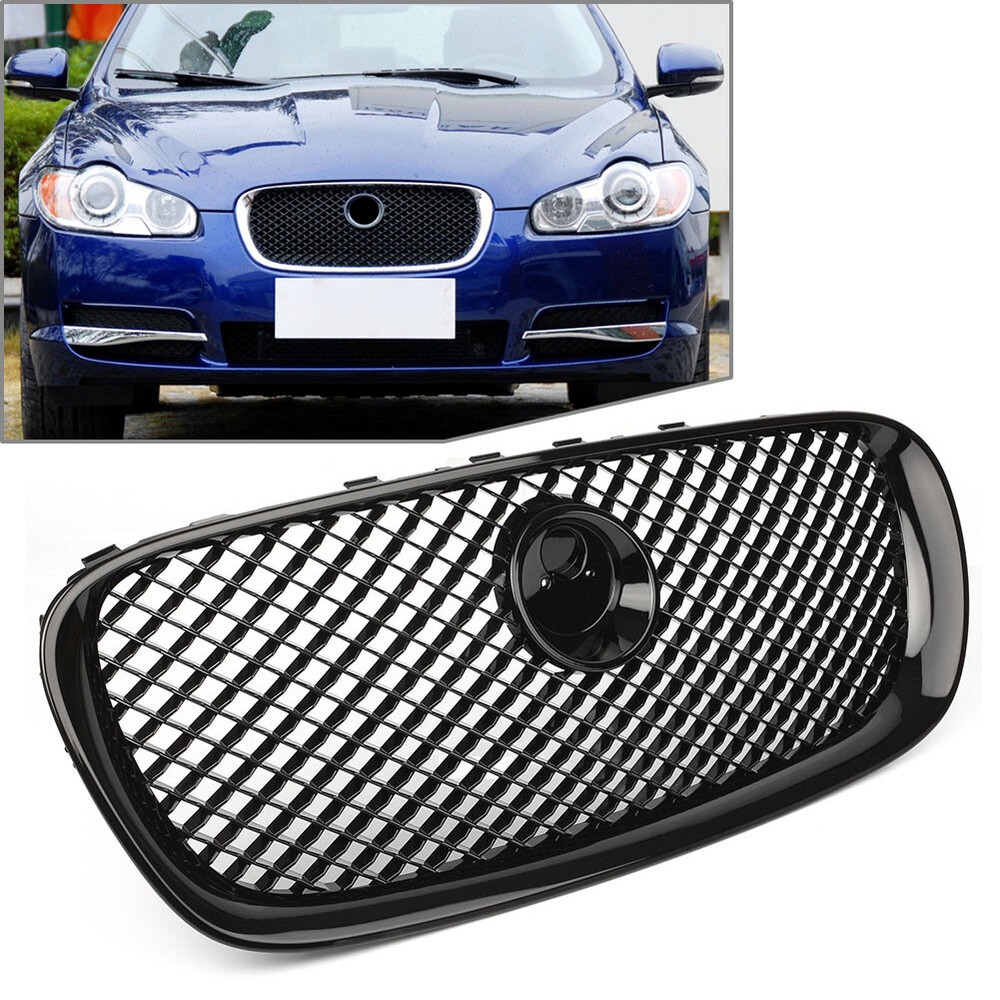 Car Front Upper Grille Radiator Grill w/ Emblem For Jaguar XF 2008-2011 Black u