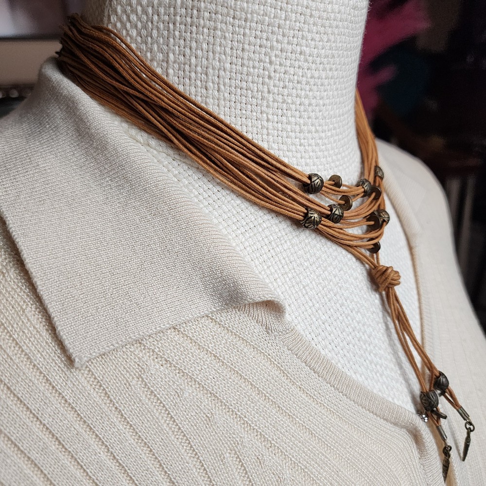 Artisan Boho Multi-Strand Brown Cord Choker Necklace with Rustic Beads