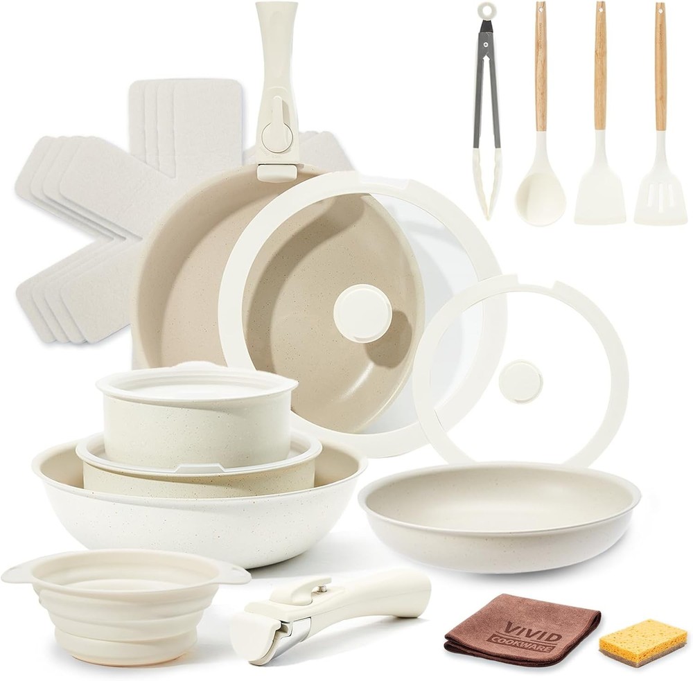 22Pcs Non Stick Ceramic Cookware Set with Detachable Handle in Cream White